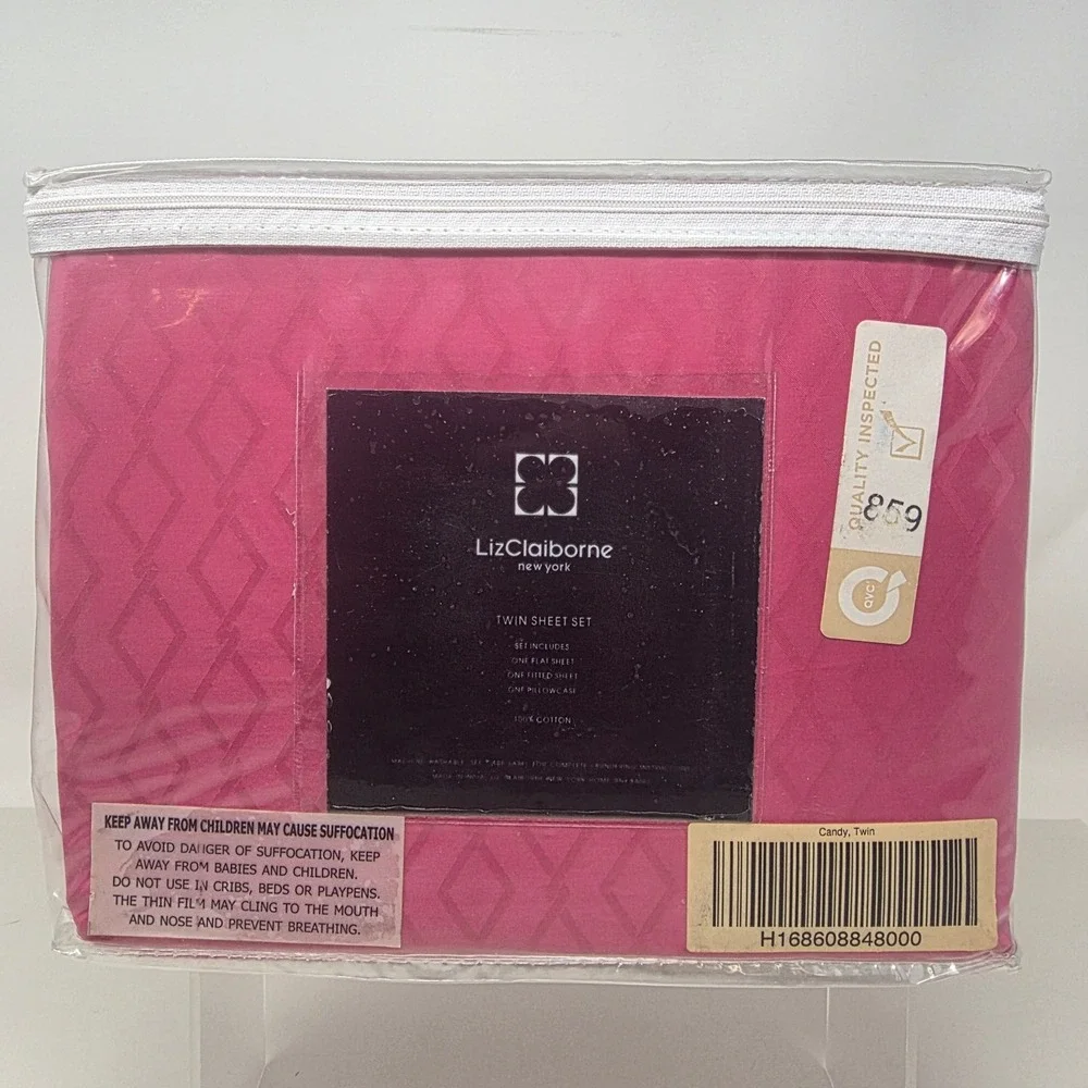Liz Claiborne Twin Sheet Set Pink Candy 100% Cotton Diamond Pattern New